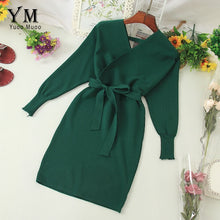 Load image into Gallery viewer, YuooMuoo Autumn Winter Women Knitted Sweater Dress 2020 New Korean Long Batwing Sleeve V Neck Elegant Dress Ladies Bandage Dress