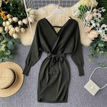 Load image into Gallery viewer, YuooMuoo Autumn Winter Women Knitted Sweater Dress 2020 New Korean Long Batwing Sleeve V Neck Elegant Dress Ladies Bandage Dress