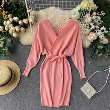 Load image into Gallery viewer, YuooMuoo Autumn Winter Women Knitted Sweater Dress 2020 New Korean Long Batwing Sleeve V Neck Elegant Dress Ladies Bandage Dress