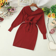Load image into Gallery viewer, YuooMuoo Autumn Winter Women Knitted Sweater Dress 2020 New Korean Long Batwing Sleeve V Neck Elegant Dress Ladies Bandage Dress