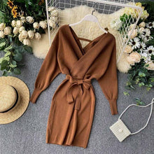 Load image into Gallery viewer, YuooMuoo Autumn Winter Women Knitted Sweater Dress 2020 New Korean Long Batwing Sleeve V Neck Elegant Dress Ladies Bandage Dress