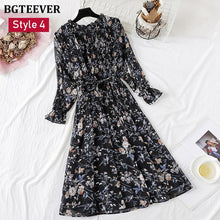 Load image into Gallery viewer, BGTEEVER Spring Stand Collar Floral Print Women Dress Lace Up Female Pleated Dress Summer Party Midi Chiffon Vestidos femme 2020