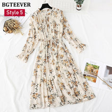 Load image into Gallery viewer, BGTEEVER Spring Stand Collar Floral Print Women Dress Lace Up Female Pleated Dress Summer Party Midi Chiffon Vestidos femme 2020
