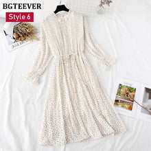 Load image into Gallery viewer, BGTEEVER Spring Stand Collar Floral Print Women Dress Lace Up Female Pleated Dress Summer Party Midi Chiffon Vestidos femme 2020