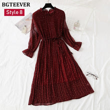 Load image into Gallery viewer, BGTEEVER Spring Stand Collar Floral Print Women Dress Lace Up Female Pleated Dress Summer Party Midi Chiffon Vestidos femme 2020