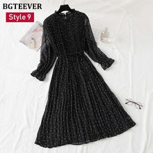 Load image into Gallery viewer, BGTEEVER Spring Stand Collar Floral Print Women Dress Lace Up Female Pleated Dress Summer Party Midi Chiffon Vestidos femme 2020