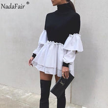 Load image into Gallery viewer, Nadafair Puff Sleeve Sexy Mini Dress Women Casual Party Rib Shirt Patchwork 2021 Spring Long Sleeve Wrap A-Line Woman Dress