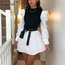 Load image into Gallery viewer, Nadafair Puff Sleeve Sexy Mini Dress Women Casual Party Rib Shirt Patchwork 2021 Spring Long Sleeve Wrap A-Line Woman Dress