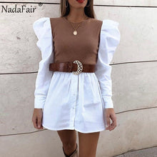 Load image into Gallery viewer, Nadafair Puff Sleeve Sexy Mini Dress Women Casual Party Rib Shirt Patchwork 2021 Spring Long Sleeve Wrap A-Line Woman Dress