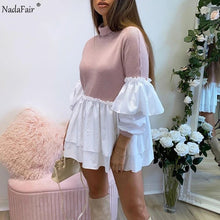 Load image into Gallery viewer, Nadafair Puff Sleeve Sexy Mini Dress Women Casual Party Rib Shirt Patchwork 2021 Spring Long Sleeve Wrap A-Line Woman Dress