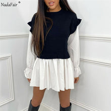 Load image into Gallery viewer, Nadafair Puff Sleeve Sexy Mini Dress Women Casual Party Rib Shirt Patchwork 2021 Spring Long Sleeve Wrap A-Line Woman Dress