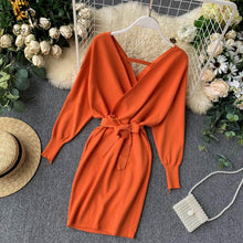 Load image into Gallery viewer, YuooMuoo Autumn Winter Women Knitted Sweater Dress 2020 New Korean Long Batwing Sleeve V Neck Elegant Dress Ladies Bandage Dress
