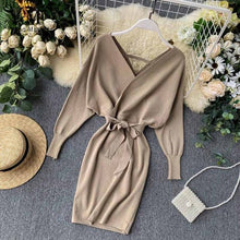 Load image into Gallery viewer, YuooMuoo Autumn Winter Women Knitted Sweater Dress 2020 New Korean Long Batwing Sleeve V Neck Elegant Dress Ladies Bandage Dress
