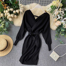 Load image into Gallery viewer, YuooMuoo Autumn Winter Women Knitted Sweater Dress 2020 New Korean Long Batwing Sleeve V Neck Elegant Dress Ladies Bandage Dress
