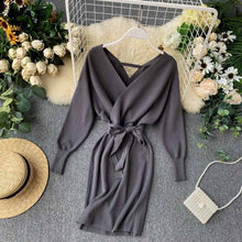 Load image into Gallery viewer, YuooMuoo Autumn Winter Women Knitted Sweater Dress 2020 New Korean Long Batwing Sleeve V Neck Elegant Dress Ladies Bandage Dress
