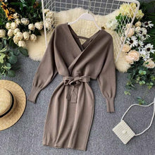 Load image into Gallery viewer, YuooMuoo Autumn Winter Women Knitted Sweater Dress 2020 New Korean Long Batwing Sleeve V Neck Elegant Dress Ladies Bandage Dress
