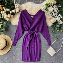 Load image into Gallery viewer, YuooMuoo Autumn Winter Women Knitted Sweater Dress 2020 New Korean Long Batwing Sleeve V Neck Elegant Dress Ladies Bandage Dress
