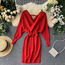Load image into Gallery viewer, YuooMuoo Autumn Winter Women Knitted Sweater Dress 2020 New Korean Long Batwing Sleeve V Neck Elegant Dress Ladies Bandage Dress
