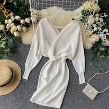 Load image into Gallery viewer, YuooMuoo Autumn Winter Women Knitted Sweater Dress 2020 New Korean Long Batwing Sleeve V Neck Elegant Dress Ladies Bandage Dress

