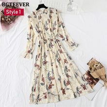 Load image into Gallery viewer, BGTEEVER Spring Stand Collar Floral Print Women Dress Lace Up Female Pleated Dress Summer Party Midi Chiffon Vestidos femme 2020

