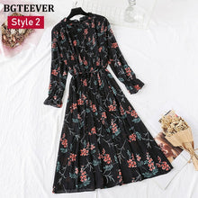 Load image into Gallery viewer, BGTEEVER Spring Stand Collar Floral Print Women Dress Lace Up Female Pleated Dress Summer Party Midi Chiffon Vestidos femme 2020
