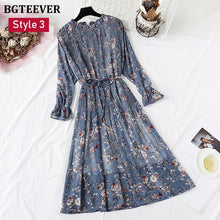 Load image into Gallery viewer, BGTEEVER Spring Stand Collar Floral Print Women Dress Lace Up Female Pleated Dress Summer Party Midi Chiffon Vestidos femme 2020
