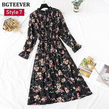 Load image into Gallery viewer, BGTEEVER Spring Stand Collar Floral Print Women Dress Lace Up Female Pleated Dress Summer Party Midi Chiffon Vestidos femme 2020
