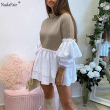 Load image into Gallery viewer, Nadafair Puff Sleeve Sexy Mini Dress Women Casual Party Rib Shirt Patchwork 2021 Spring Long Sleeve Wrap A-Line Woman Dress
