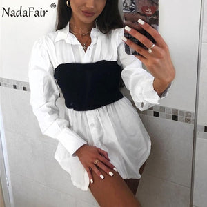 Nadafair Puff Sleeve Sexy Mini Dress Women Casual Party Rib Shirt Patchwork 2021 Spring Long Sleeve Wrap A-Line Woman Dress
